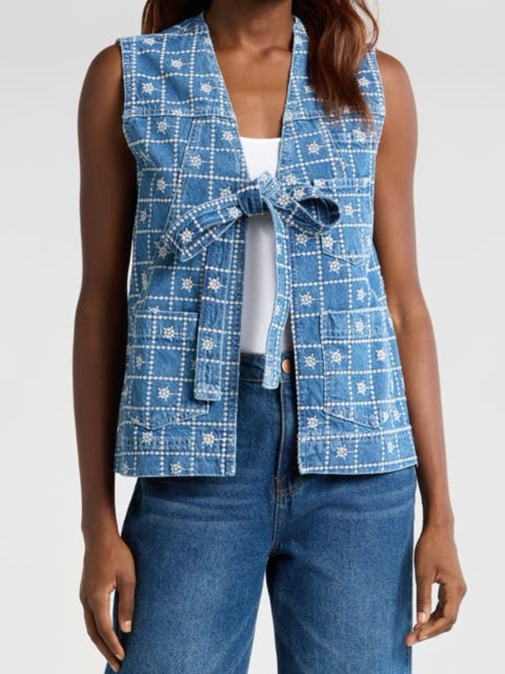 Damsom Madder Embroidered Tie-Front Denim Vest